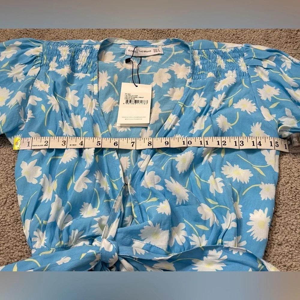 Faithfull the Brand Blue and White Floral Wrap Crop Blouse